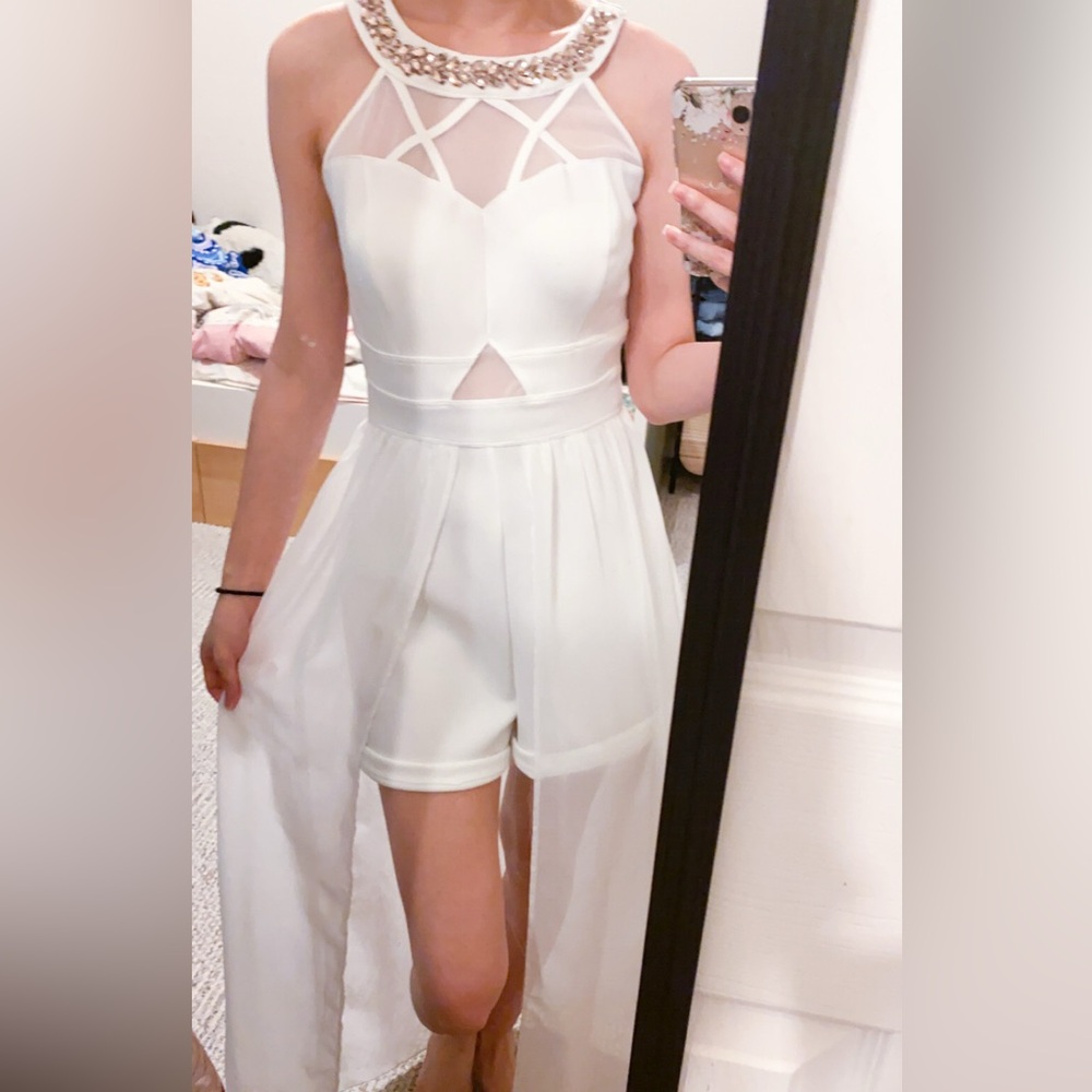 White High-Low Romper with Blush Gem Embellishment